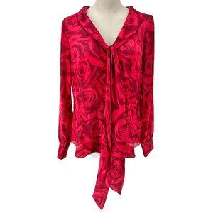 White House Black Market Blouse Womens 12 Red Rose Print Polka Dot LS Tie Front